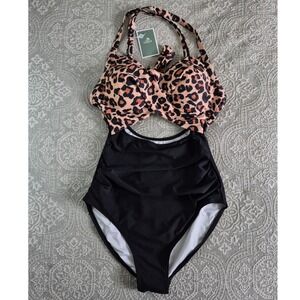 Eomenie Womens Leopard Print Cutout One Piece Swimsuit Ruched Black Medium NEW